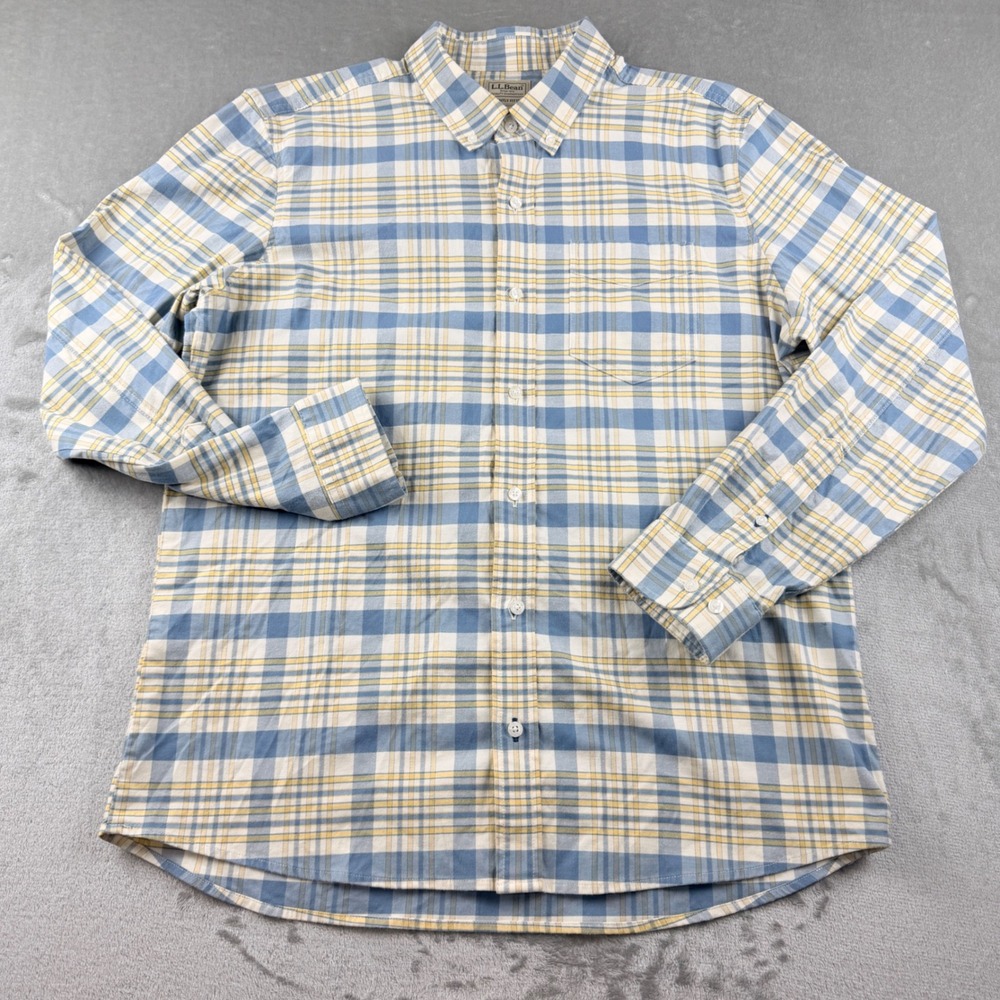 L.L. Bean Men's Large Regular Blue Yellow Plaid Slightly Fitted Shirt 510043